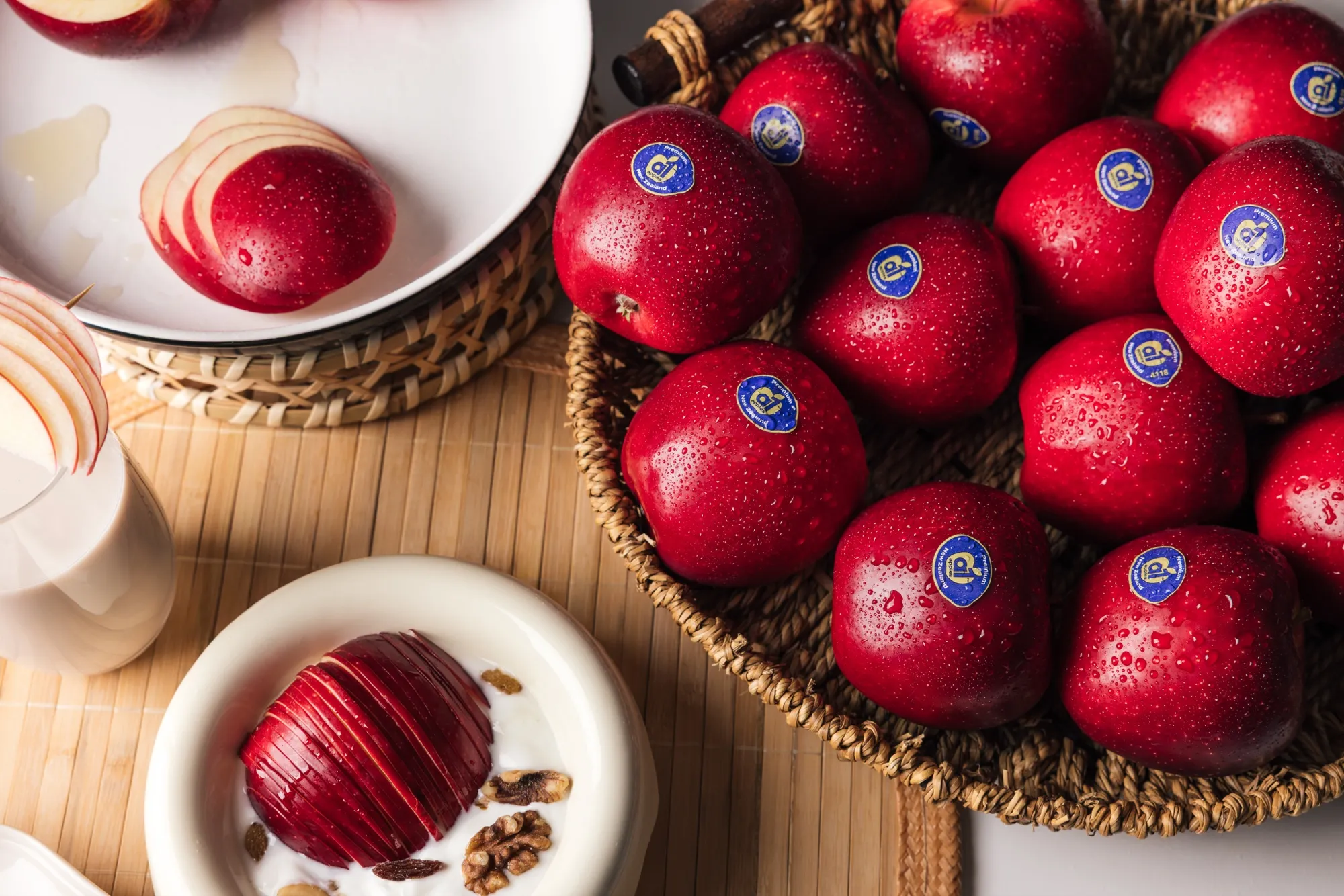 Red apples arranged in a harvest basket