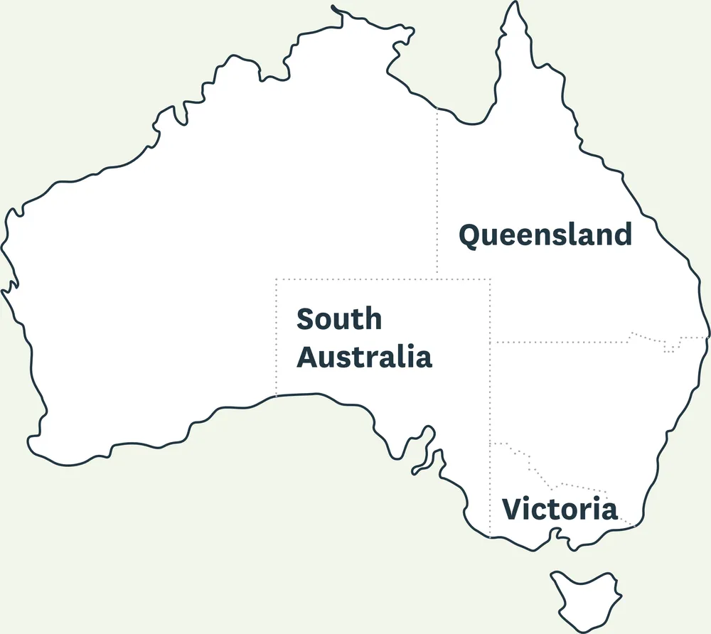 Map of Australia highlighting Queensland, South Australia and Victoria