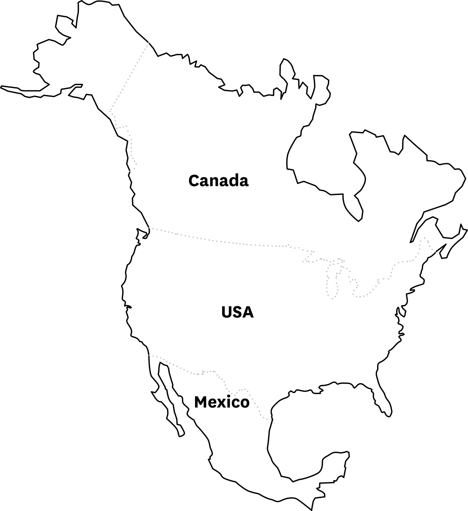 Map of North America locating Canada, the USA and Mexico