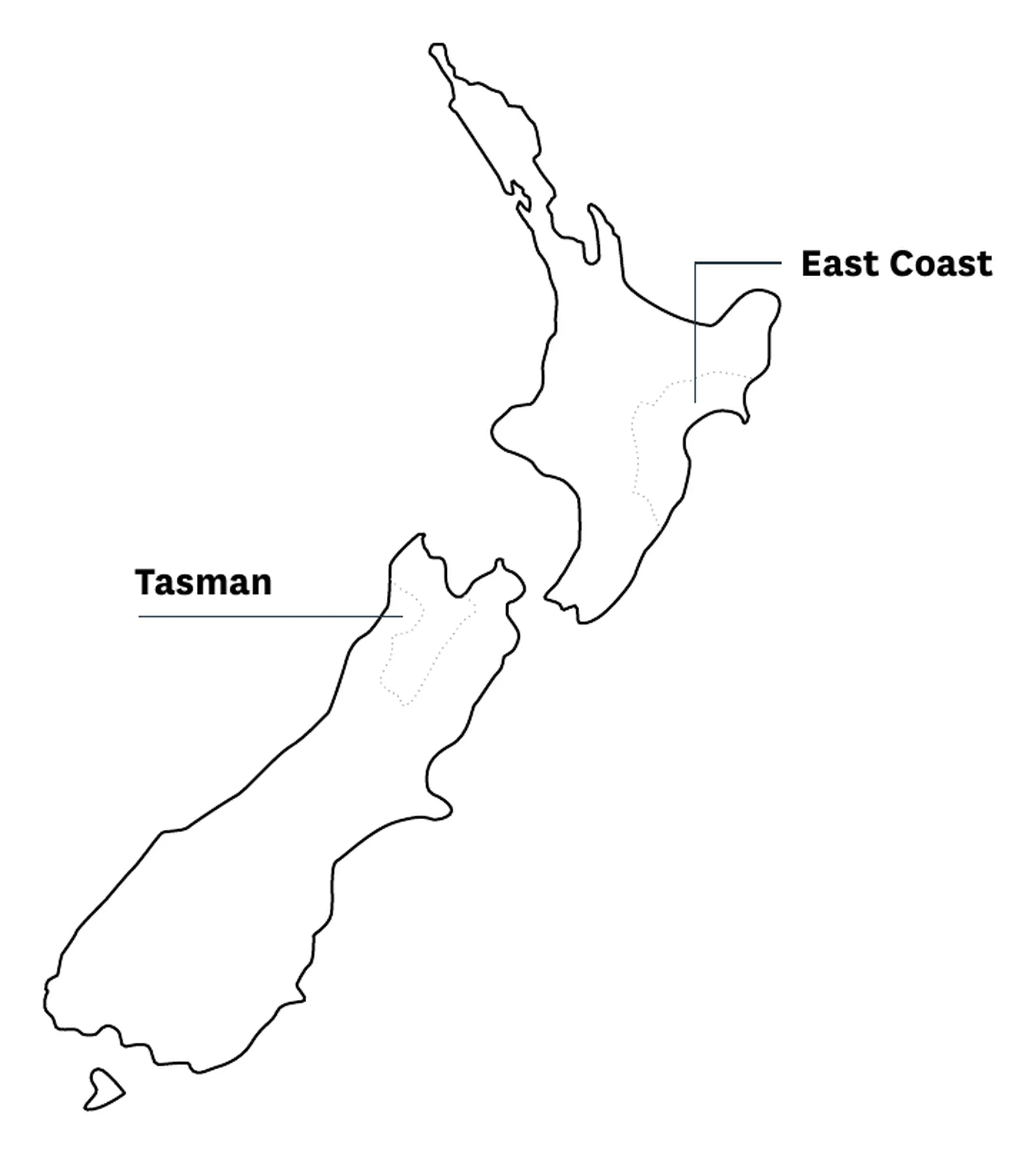 Map of New Zealand highlighting the East Coast and Tasman growing regions