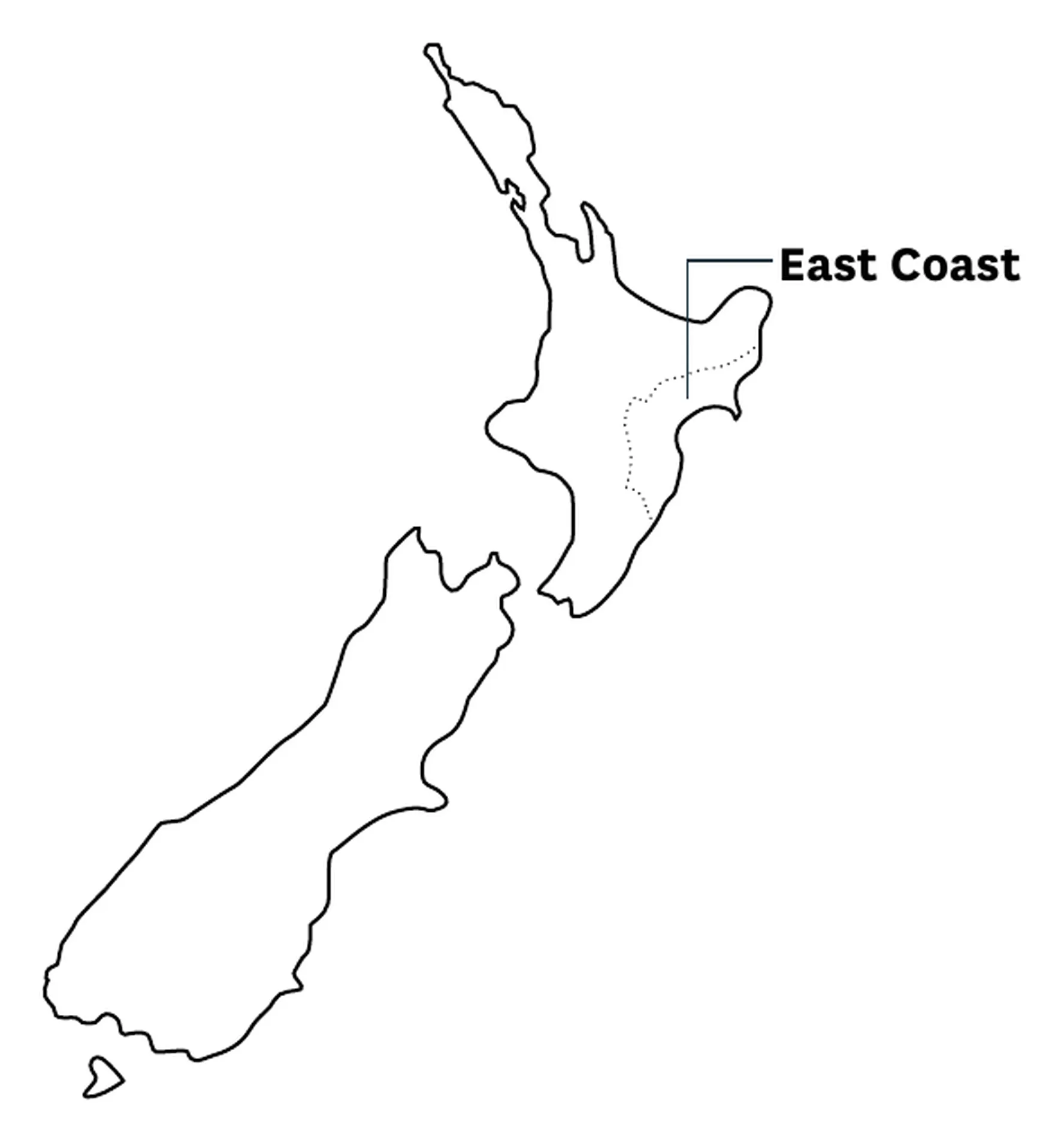 Map of New Zealand highlighting the East Coast growing region