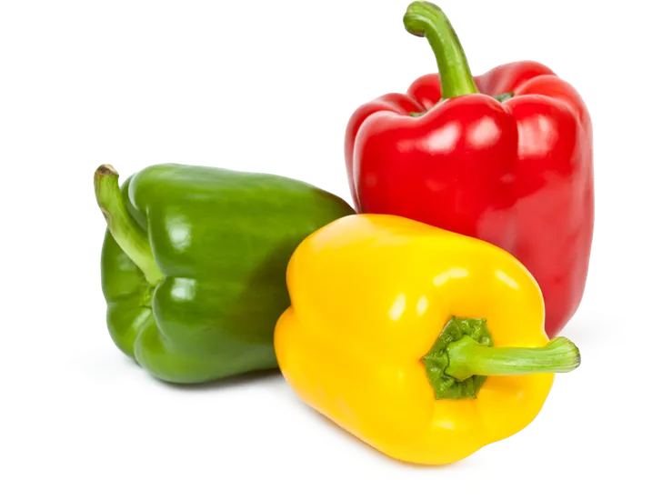 Red, green and yellow capsicums