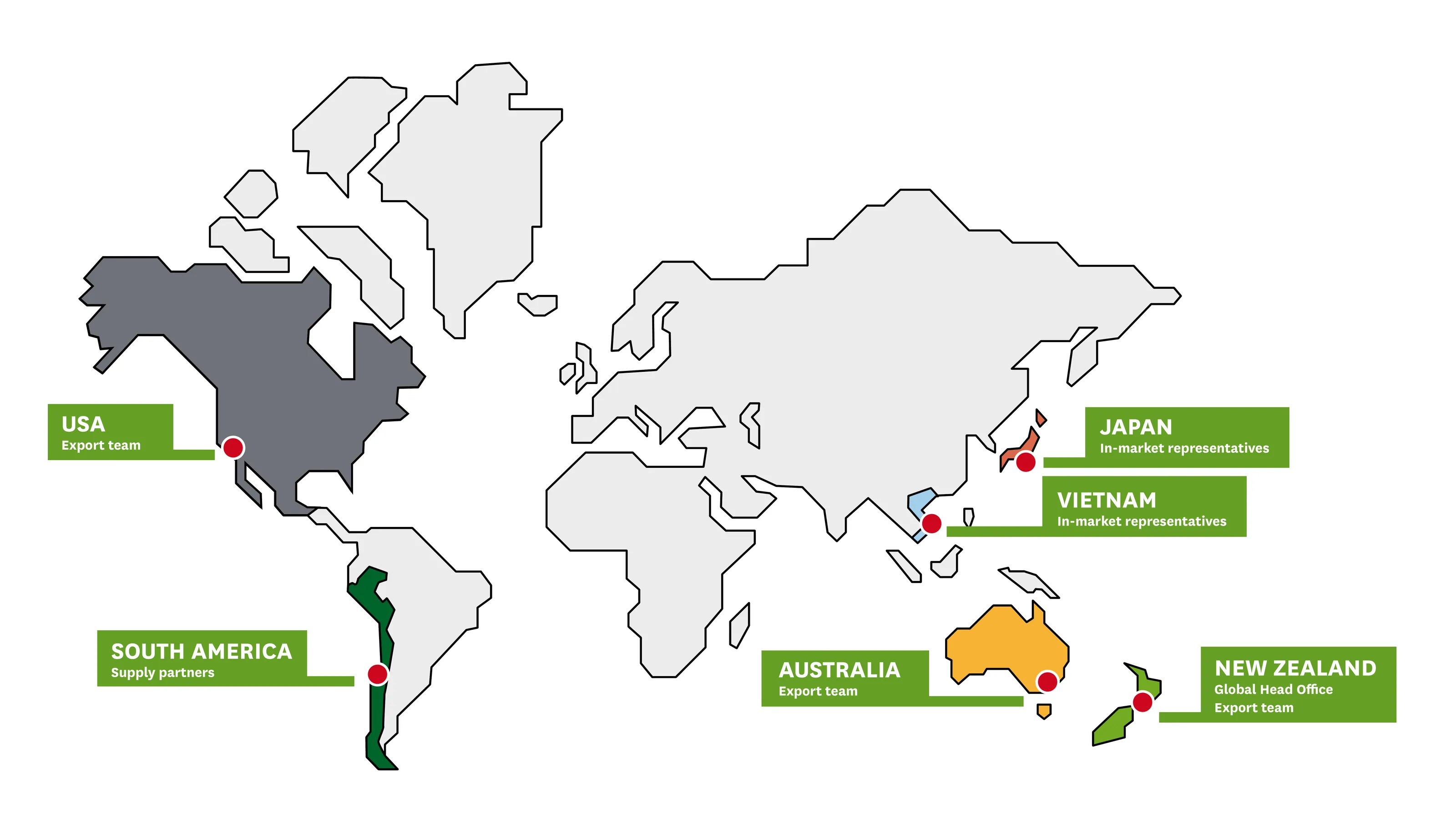 World map showing MG Group Exports locations: export teams in New Zealand (global head office), Australia and the USA, supply partners in South America, and in-market representatives in Japan and Vietnam.